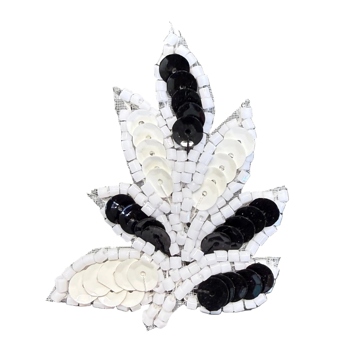 Black & White Sequin Leaf Appliqué with White Beads 2" x 1.5" – Pair or Single