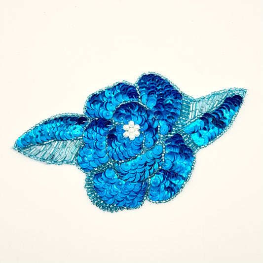 Flower Appliqué Handmade with Turquoise Sequins and Beads with Pearl Center 6" x 3"