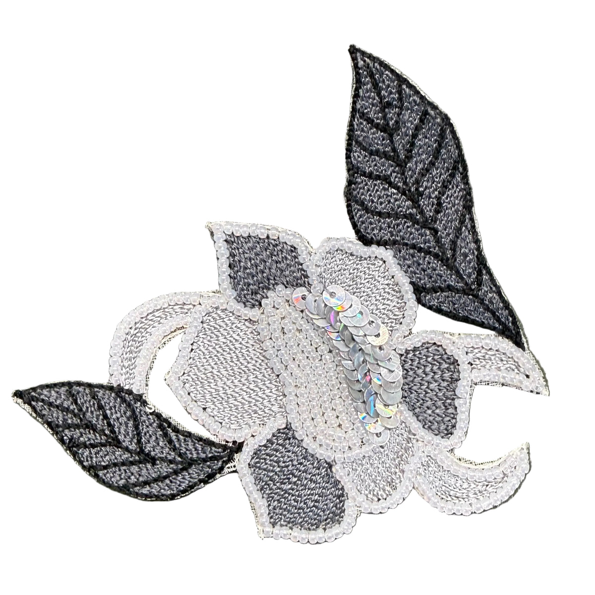 Flower Appliqué — Two-Tone Grey Embroidery, Gray Sequins & Glass Beads 3.75" × 3.5"