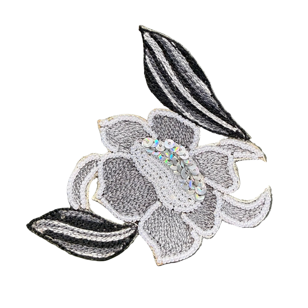 Flower Appliqué — Two-Tone Grey Embroidery, Gray Sequins & Glass Beads 3.75" × 3.5"