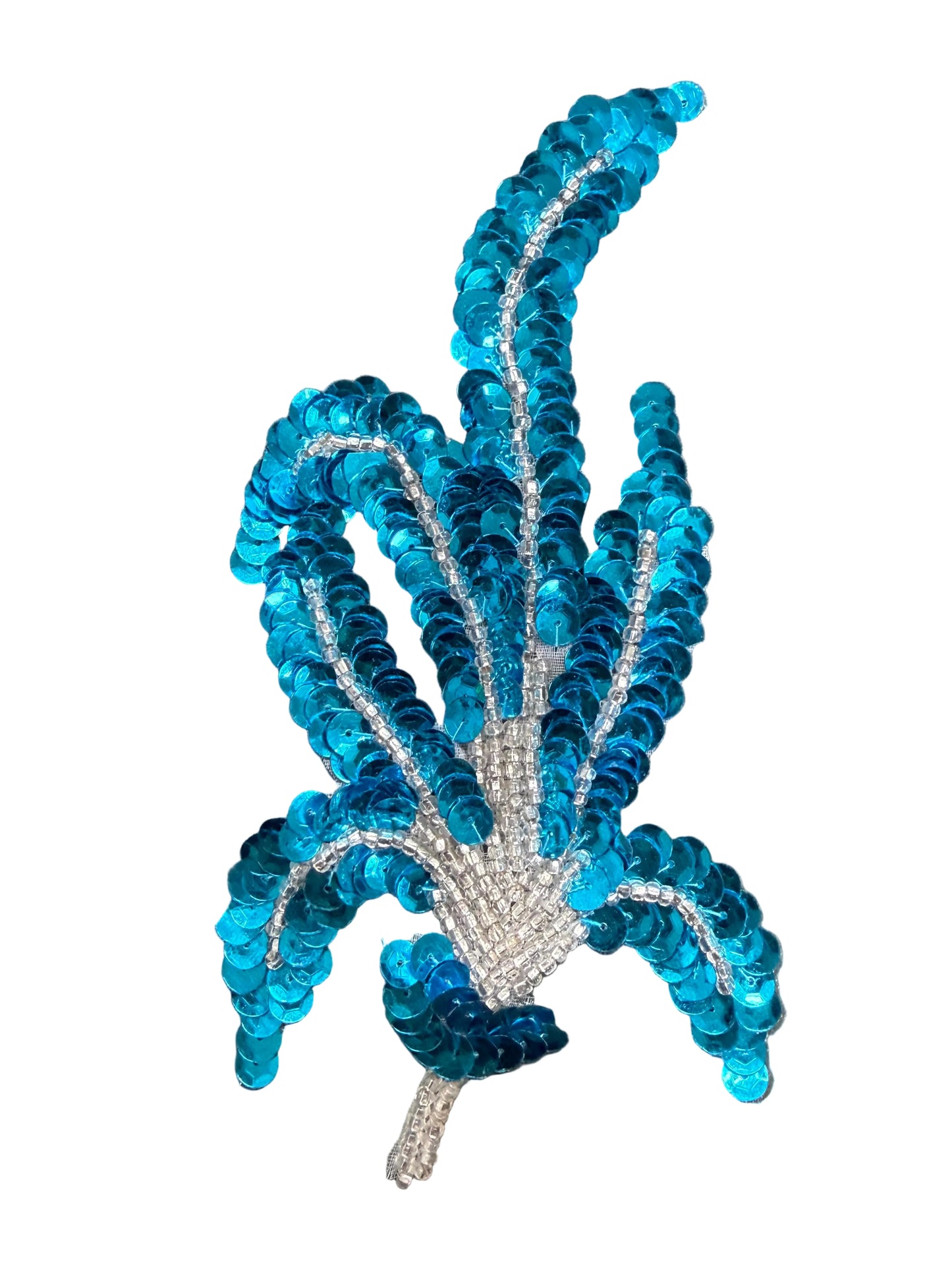 Leaf Pair of Single Appliqué -Turquoise Sequins - Silver Glass Beads 6" x 3"
