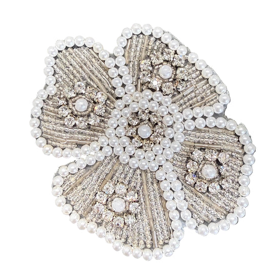 Flower Appliqué with Silver Glass Beads, Pearls & Rhinestones, 4.5"
