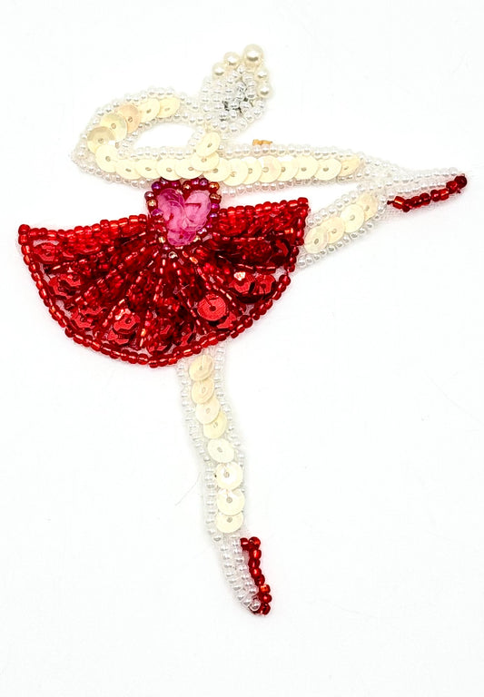 Hand Sewn Ballerina Appliqué with Red and White Sequins and Beads 4" x 3"