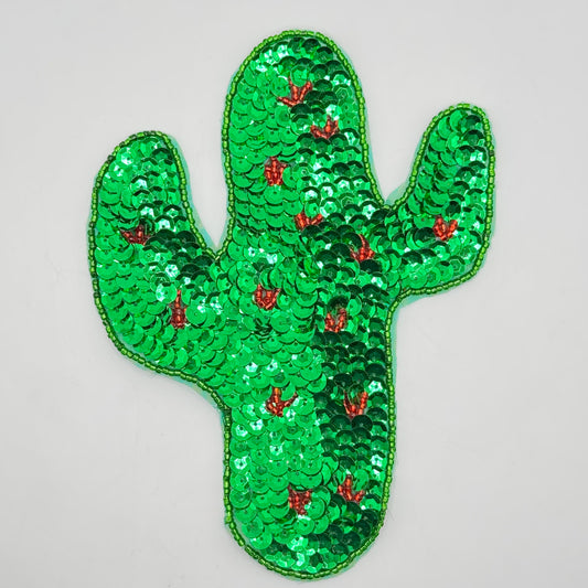 Flowering Cactus Appliqué with Green Sequins  and with Green and Red Beads 6.5" x 5"