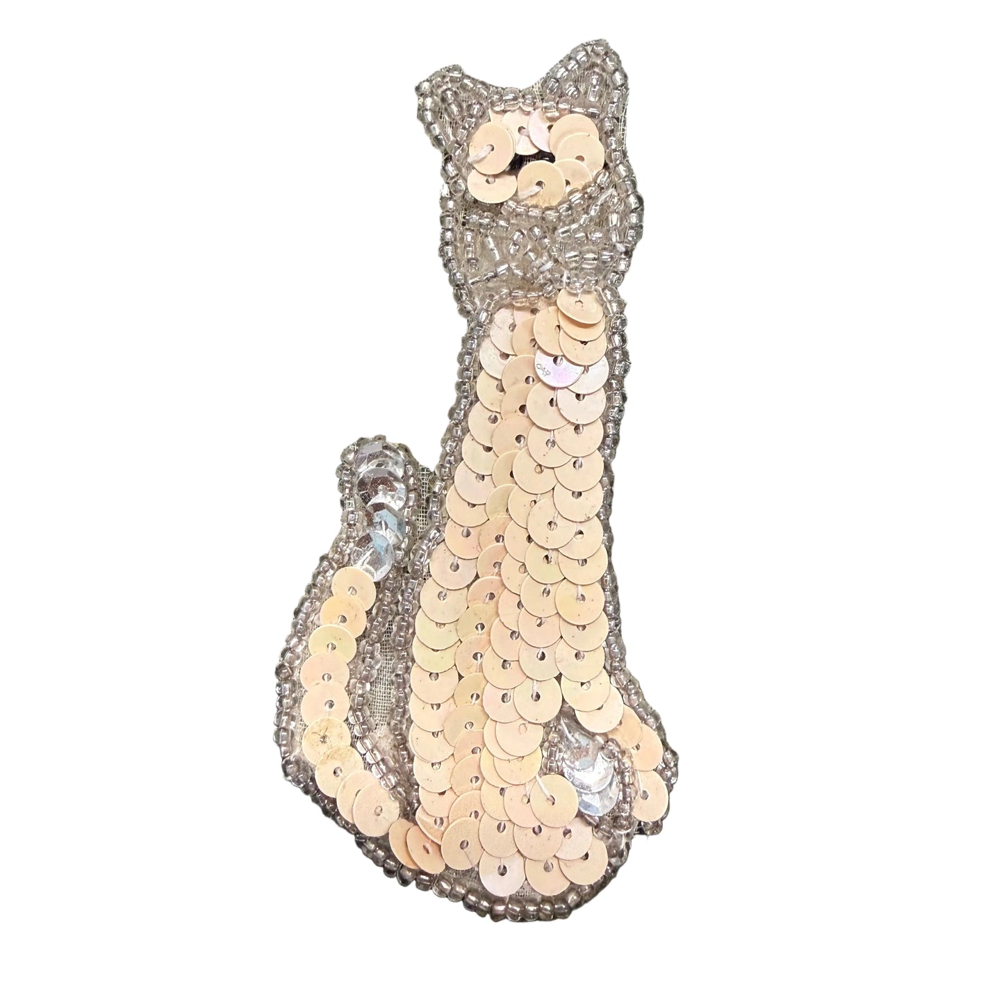 Sequin & Beaded Cat Appliqué – Ivory Silver, 3.5" x 1.75"
