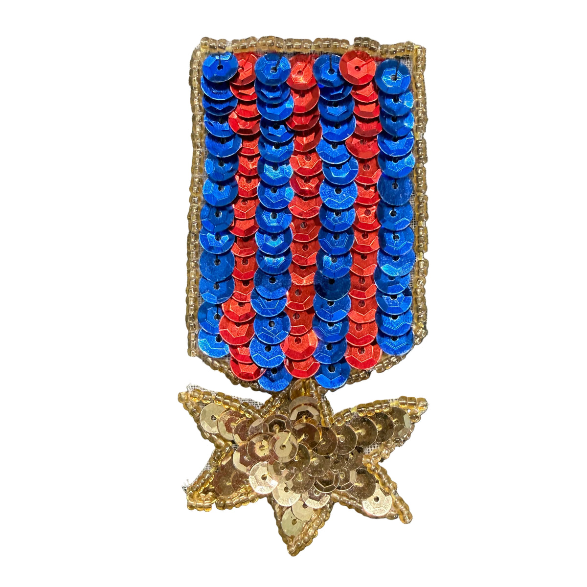Badge with Gold Star - Blue/Red/Gold Sequins - Glass Beads 3" x 2"