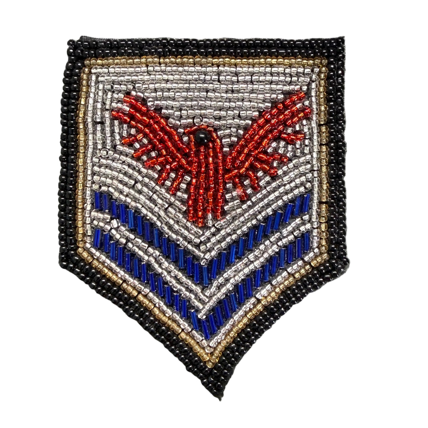 Military Chevron Shield Badge Appliqué – Red Eagle - Blue & Silver Seed Beads - Black Border 3.5" x 3"