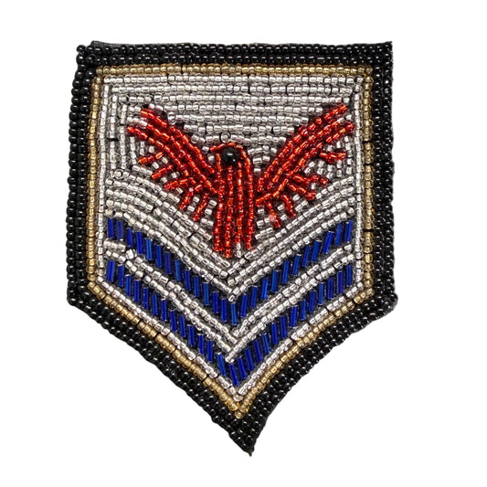 Military Chevron Shield Badge Appliqué – Red Eagle - Blue & Silver Seed Beads - Black Border 3.5" x 3"