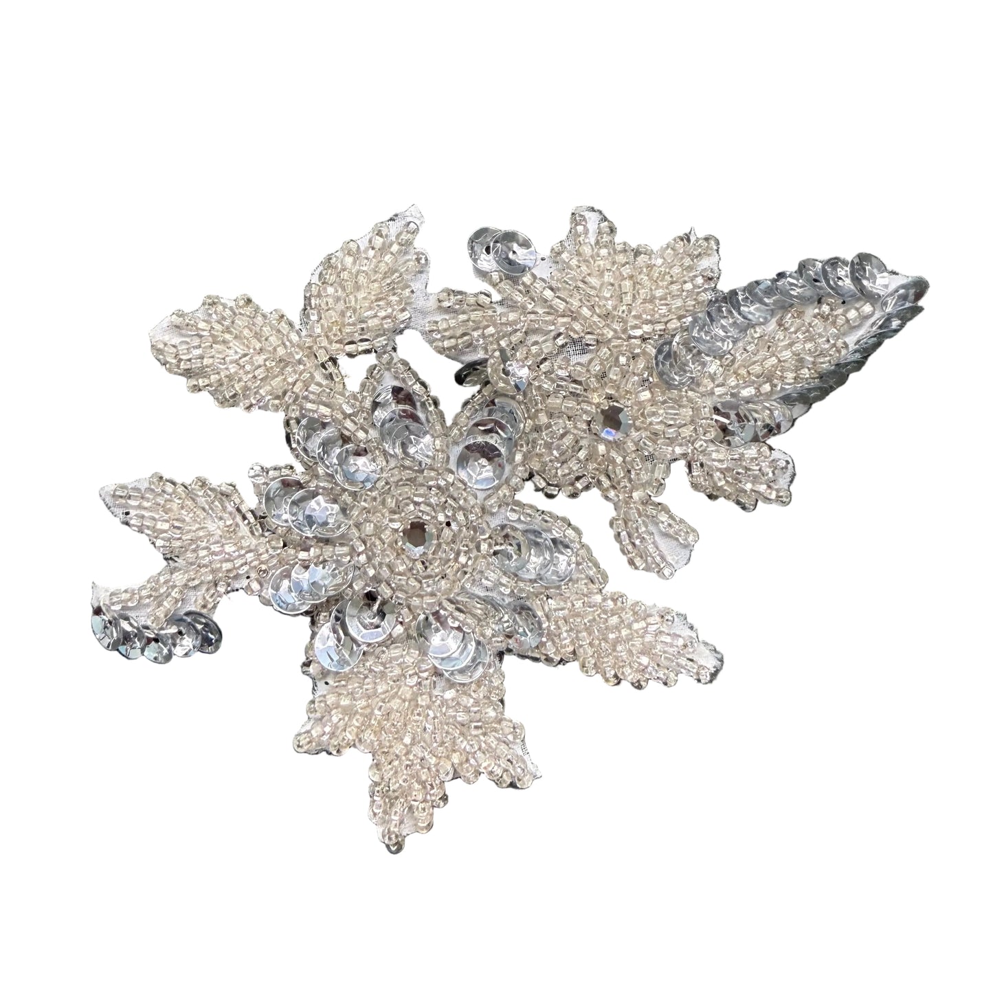 Bridal Floral Spray Appliqué – White Crystal Seed Beads - Rhinestones - Silver Sequins 4.5" x 3"