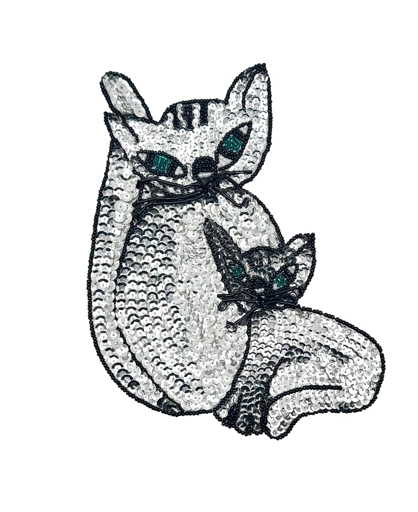 Green Eyed Cat with her Kitten Silver and Black Sequins and Beads Applique 8.25” x 6”
