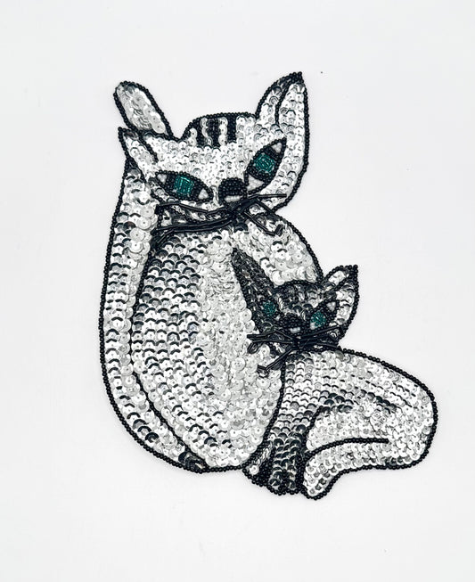 Green Eyed Cat with her Kitten Silver and Black Sequins and Beads Applique 8.5" x 6.5"