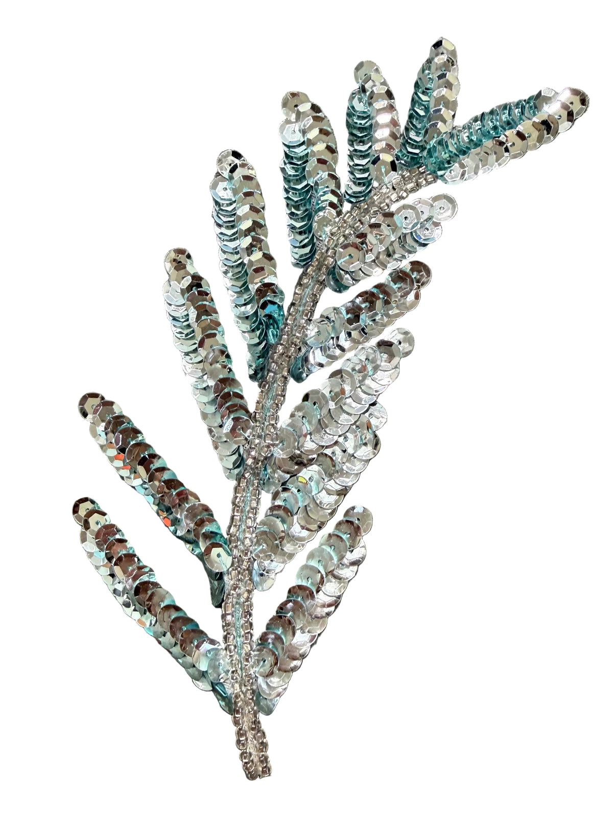 Leaf Appliqué – Ice Blue Sequins & Glass Beads | 6" x 3"