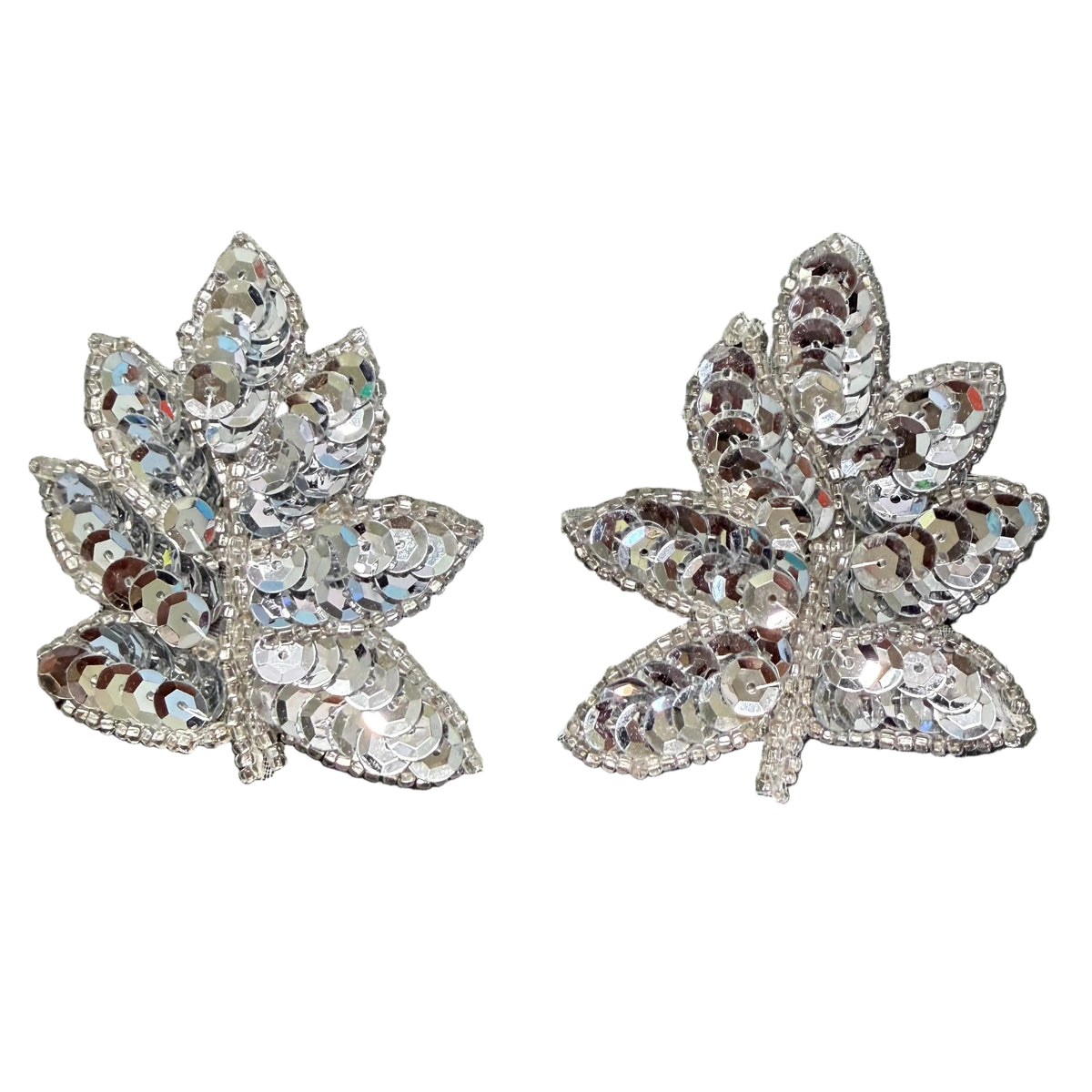 Leaf Pair - Silver Sequins  -Silver Beads 2.5” x 2”