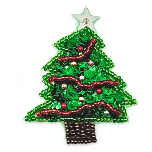 Decorated Christmas Tree Appliqué with Green Sequins and Red, Gold, Bronze and Silver Beads  2.5" X 2"