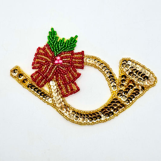 Christmas French Horn Appliqué with Red Beaded Bow 4.75" x 3.5"
