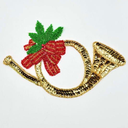Christmas French Horn Appliqué Gold Sequins with Beaded Red Bow 9.5" x 5.5"