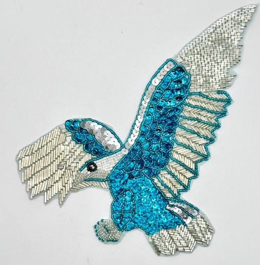 Eagle Appliqué with Turquoise and Silver Sequins and Turquoise, Silver and White Beads 10" x 6.5"