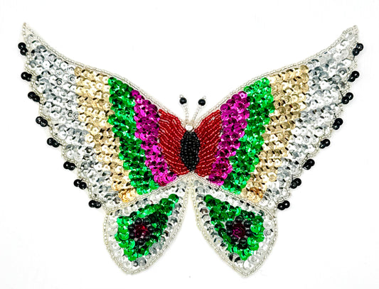 Butterfly Appliqué with Multi-Colored Sequins and Beads with Rhinestone  7.5" x 5.25"
