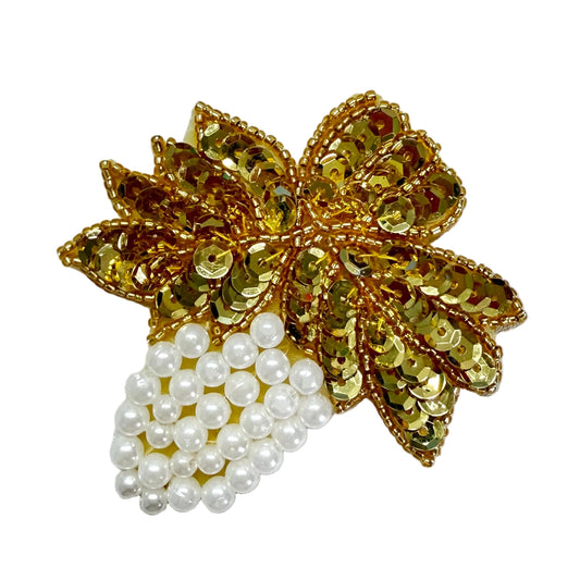 Gold Sequin Floral Appliqué with Pearl Bead Cluster — 3.25" x 3"