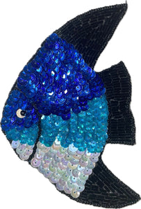 Fish with Blue, Turquoise, White Sequins and Black Beads, 6" x 4"