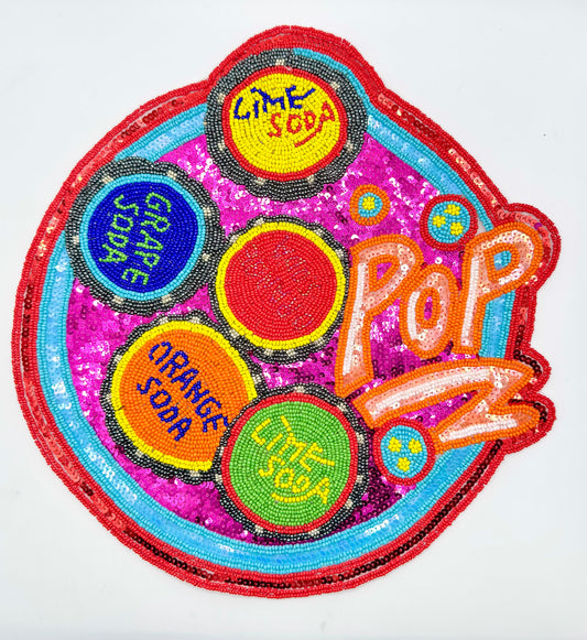Soda Appliqué Says Pop with Different Flavors, Multi-Color Beads and Fuchsia Sequins 12"