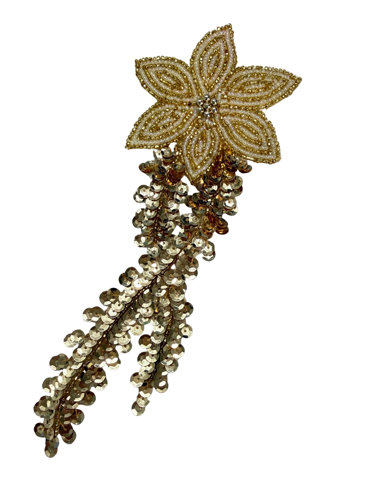 Gold Sequin Flower & Branch Appliqué with Gold & Seed Beads — 9" x 3.5"