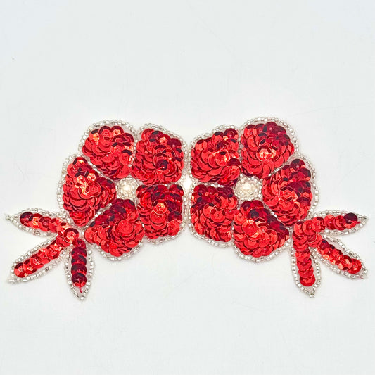 Flower Appliqué with Red Sequins and Silver Beads with a Center Pearl 6" x 3"