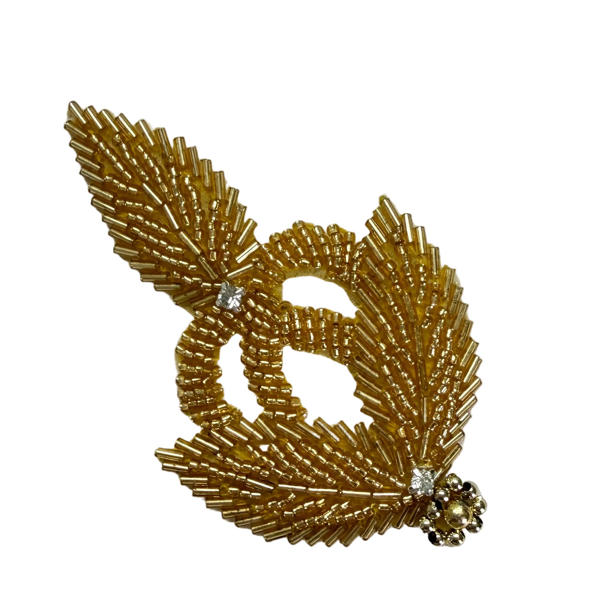 Gold Beaded Leaf Appliqué with Rhinestone Accent — 3.5" x 2.25"