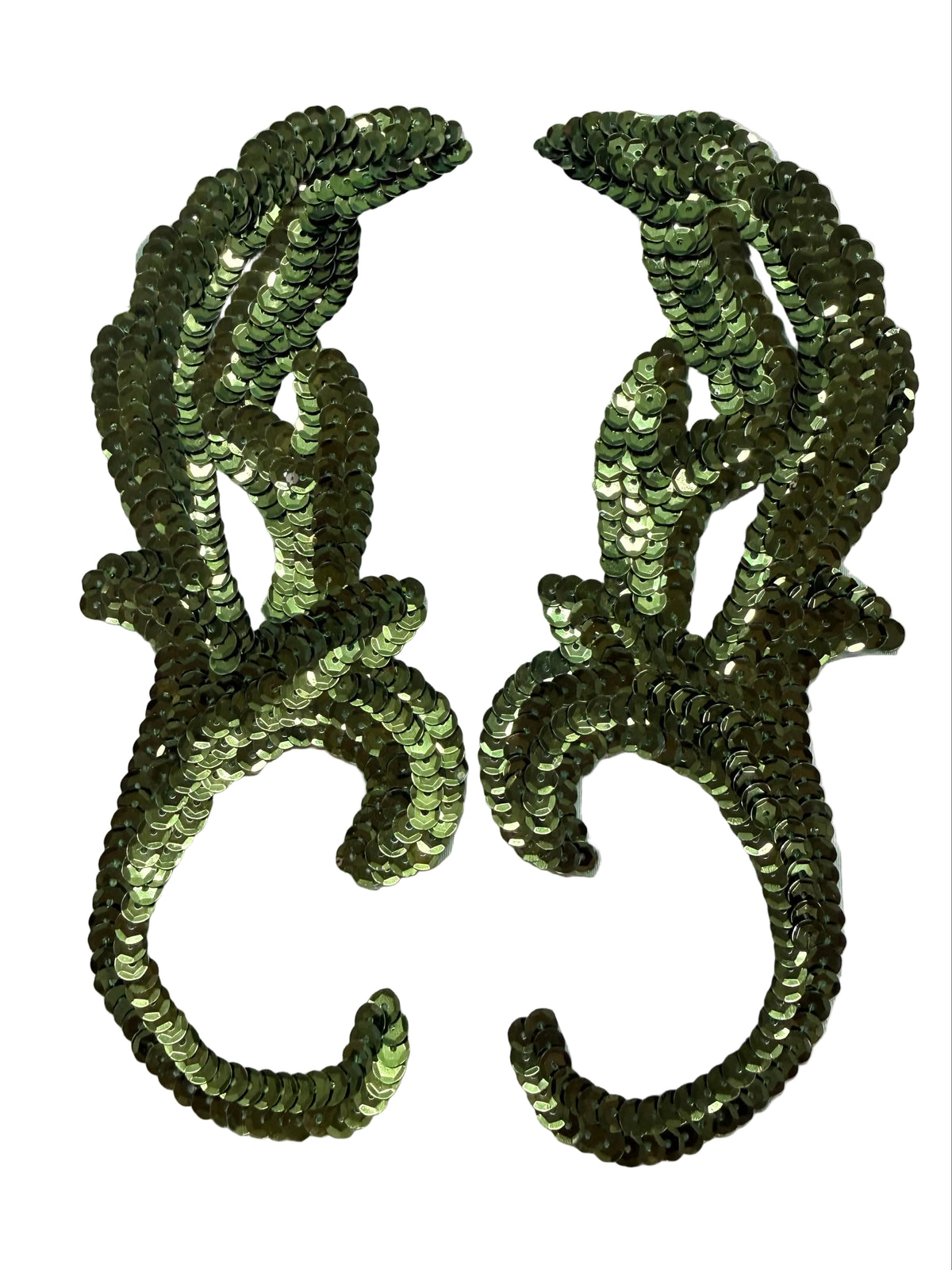 Olive Green Sequin Leaf Pair Appliqué — 8.25" x 3.25"