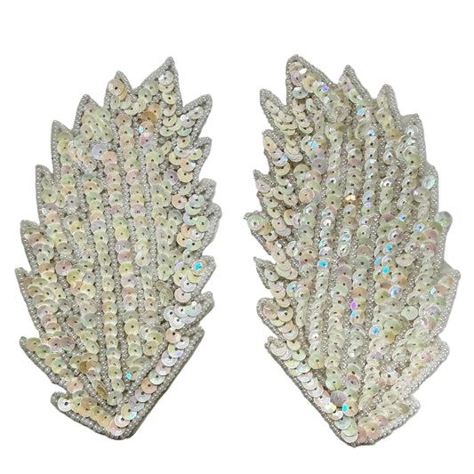Par de Hojas - Lentejuelas Iridiscentes Blancas - Cuentas Blancas 5" X 2.75”