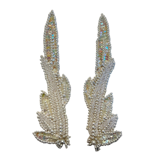 Leaf Applique - White Beads, Iridescent Sequins & Pearls 6.5" x 2" - Choice of Pair or Single