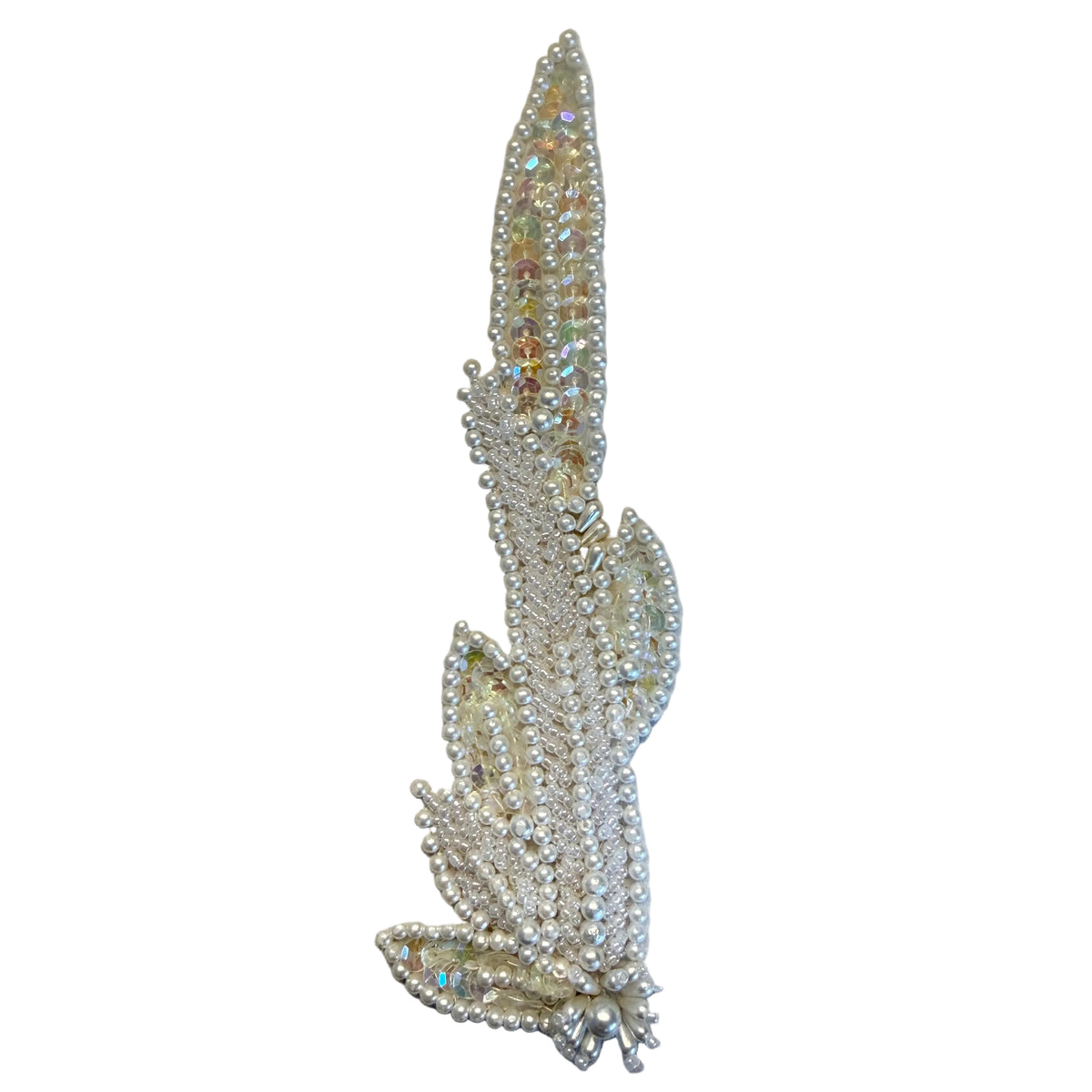 Leaf Applique - White Beads, Iridescent Sequins & Pearls 6.5" x 2" - Choice of Pair or Single