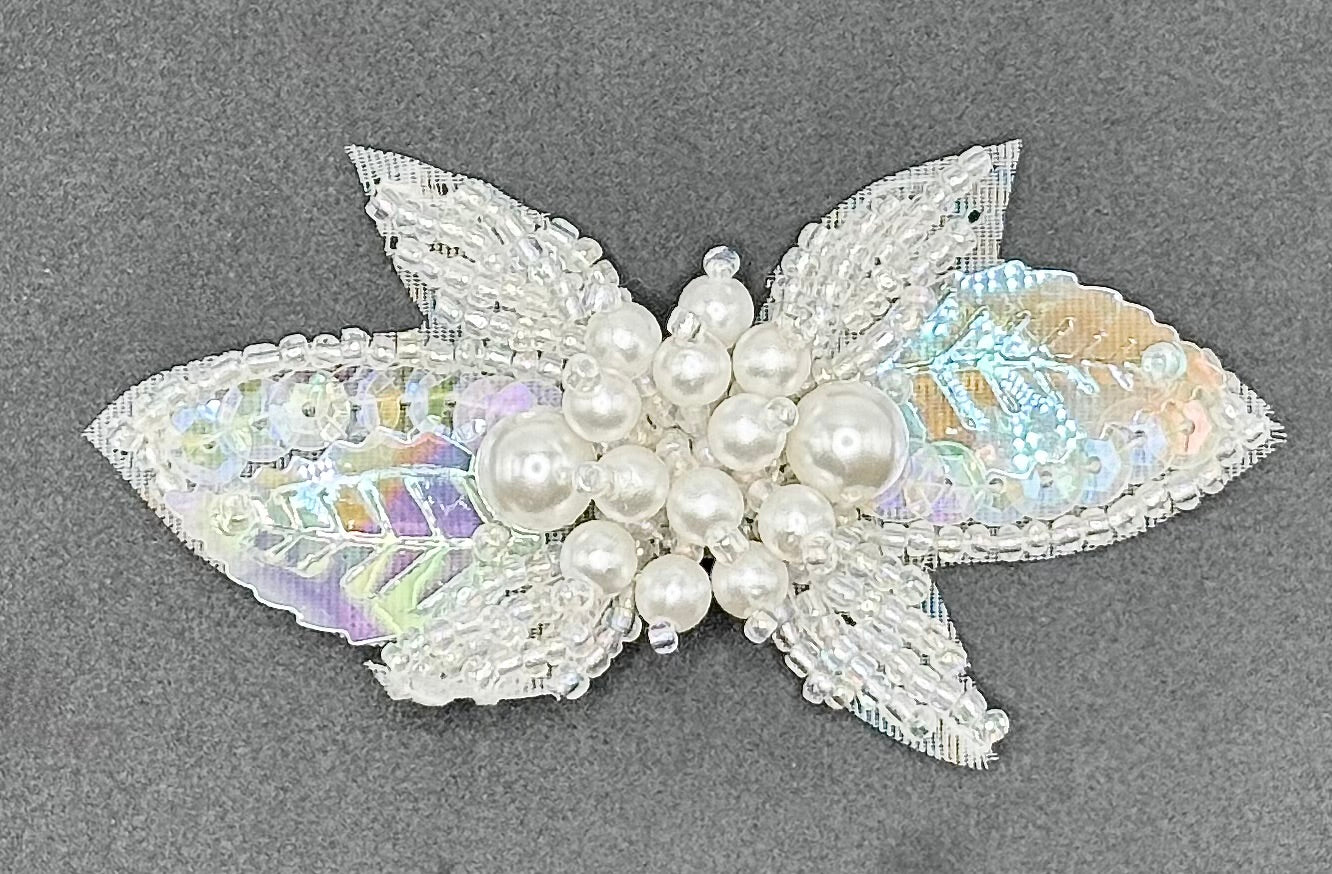 Designer Leaf Appliqué - Iridescent Sequins, Beads and Center White Pearl Cluster 2.75” x 1.5”