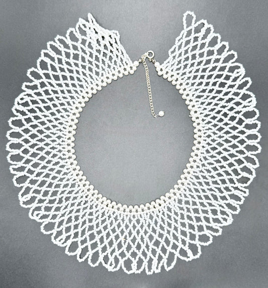 Neckline or Collar Piece with White Beads and Silver Colored Clasp 9.5" x 8.5"