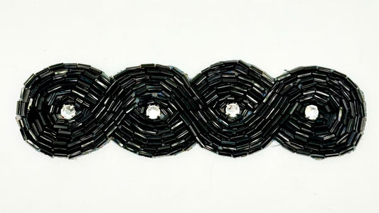 Designer Four Circle Appliqué with Black Bugle Beads and Rhinestones 5" x 1.25"