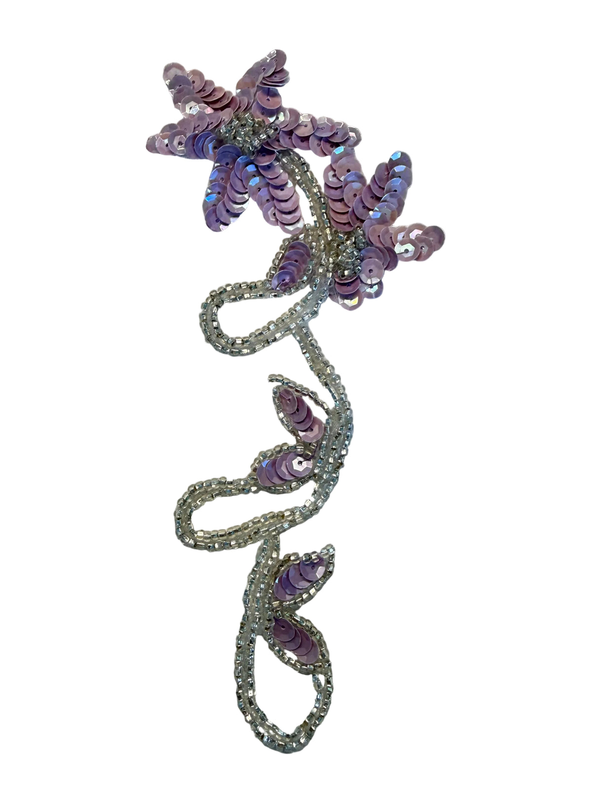 Flower Appliqué – Lavender Sequins, Silver Glass Beads & Rhinestones | 8" x 3"