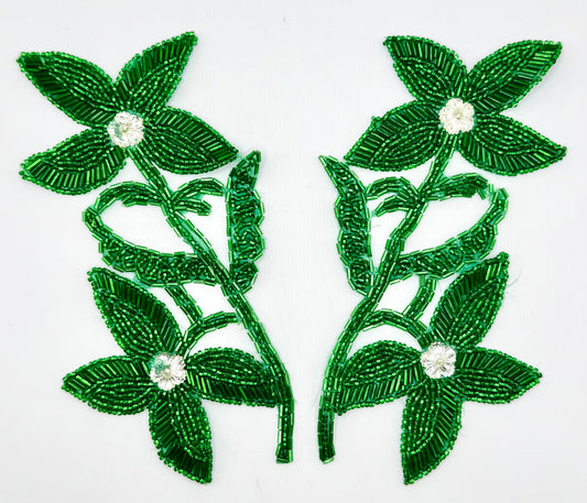 Flower Pair Appliqué Pair with Green Beads and Center Flower-Shaped Stones 8" x 4"
