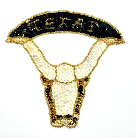 Longhorn Steer Appliqué that reads Texas with Off-White, Black and Gold Sequins with Gold Beads 5.75" x 6"