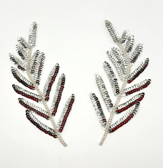 Designer Leaf Pair Appliques with Silver Sequins and Beads 9" X 2"