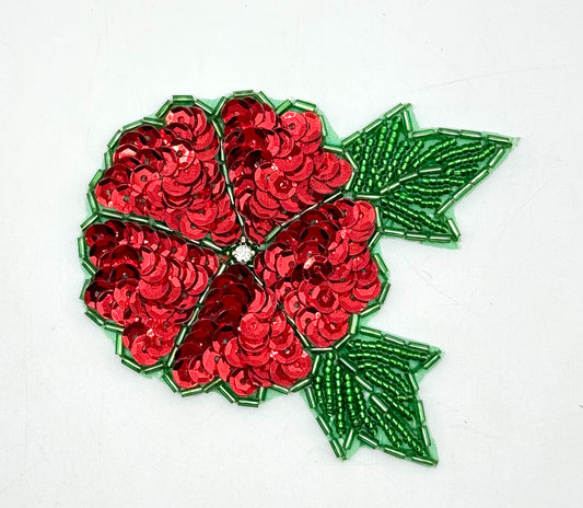 Christmas Flower Appliqué with Red Sequins, Green Glass Beads with Rhinestone 3" x 3.5"