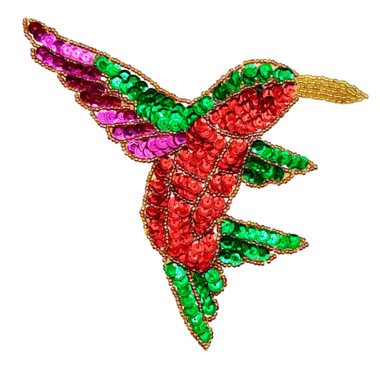 Hummingbird Appliqué with Red, Green, and Fuchsia Sequins and Gold Glass Beads 6.5" x 5"