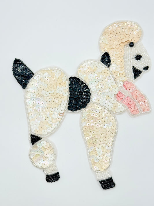 Poodle Appliqué with Beige and White Sequins and a Pink Bow 7" X 7"