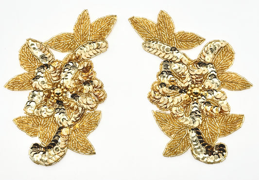 Flower Pair Appliques with Gold Sequins and Beads 5.75" x 4"