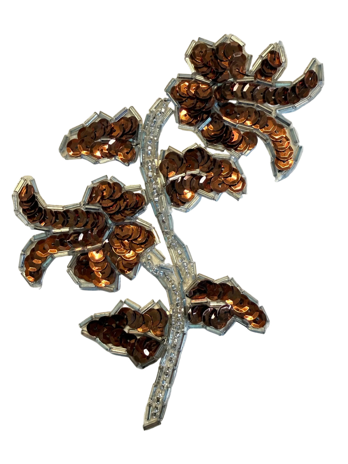 Dark Bronze Sequin Flower Appliqué with Silver Beads, 5.5" x 3.75" | Pair or Single