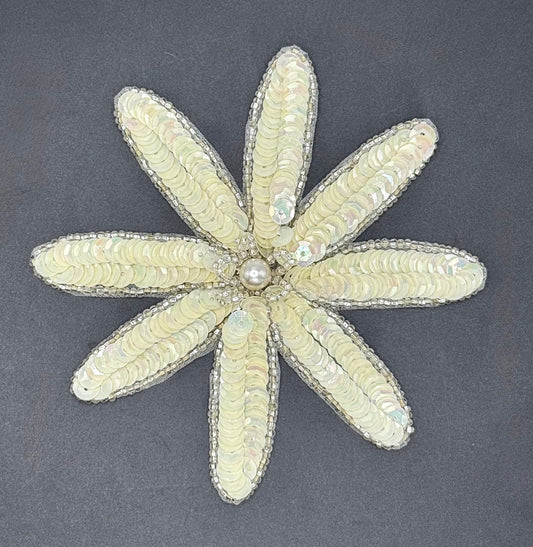 Sequin Flower Applique with Creamy White Sequins and Silver Beads with A Center Pearl 4" x 4"