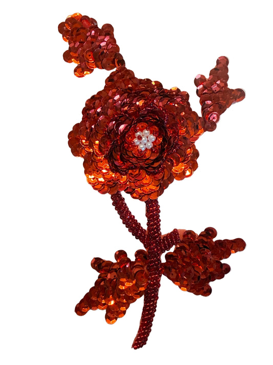 Flor con Lentejuelas y Cuentas Rojas 7.5" x 5"