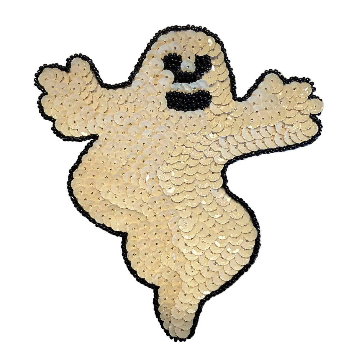 A ghost-shaped sequin patch with beige sequins and a black beaded outline, shown on a plain white background.