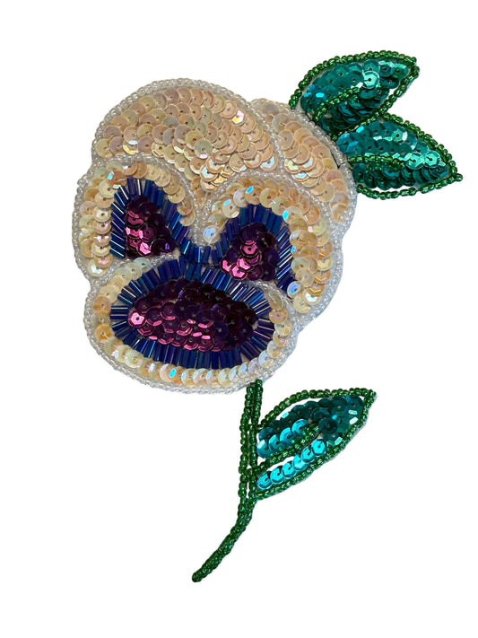 Flor Pensamiento con Lentejuelas Crema Moradas Verdes 6" x 4"
