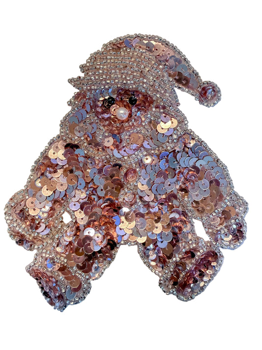 Pink Sequin Christmas Bear Appliqué with Glass and Pearl Beads, 5.25" x 4.5"