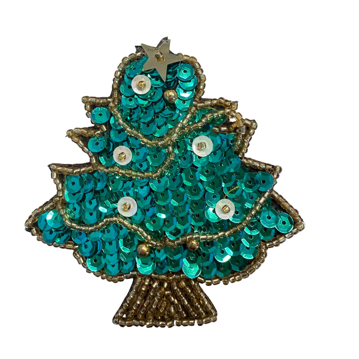 Árbol de Navidad artesanal con lentejuelas verdes y ribete dorado de 3.25” x 3”